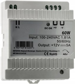 BERGE LED zdroj na DIN lištu 12V - 60W - 5A