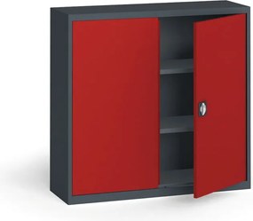 Plechová policová skriňa na náradie KOVONA, 1150 x 1200 x 400 mm, 2 police, grafit/červená