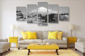 5-dielny obraz hora Fuji v čiernobielom prevedení - 100x50