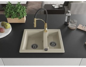 Mexen Carlos, 1,5-komorový granitový drez 582x475x177 mm a drezová batéria Aster, béžová, 6518-69-73450-57-B