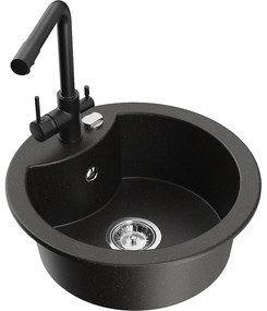Mexen Diego, 1-komorový granitový drez 488x488x167 mm, čierna batéria Duero, čierna - zlatá metalíza, 6512-75-671600-70