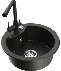 Mexen Diego, 1-komorový granitový drez 488x488x167 mm, čierna batéria Duero, čierna - zlatá metalíza, 6512-75-671600-70