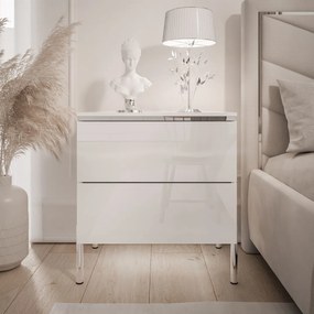 NOČNÝ STOLÍK NESSIE 2 BIELY LESK + STRIEBORNÝ NOŽIČKY 14 cm LED