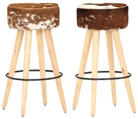 Barové stoličky 2 ks hnedé hrubé mangové drevo a pravá koža
