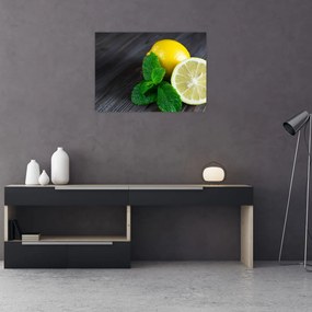 Sklenený obraz citrónov a mäty na stole (70x50 cm)