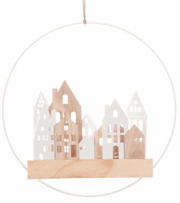 Závesná LED dekorácia Domčeky v kruhu biela, pr. 28 cm