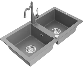 Mexen Mario, granitový drez 820x436x161 mm, 2-komorový a drezová batéria Carla, šedá, 6504-71-670700-71