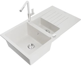 Mexen Matias, 1,5-komorový granitový drez 900x505x200 mm a drezová batéria Flora, biela, 6502-20-670401-02