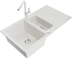 Mexen Matias, 1,5-komorový granitový drez 900x505x200 mm a drezová batéria Flora, biela, 6502-20-670401-02