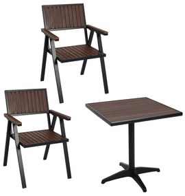 Set 2 záhradných stoličiek a stolíka HWC-J95, hliník imitácia dreva - čierna, tmavo hnedá