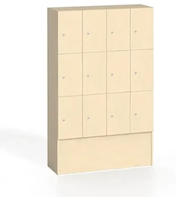 Drevená odkladacia skrinka s úložnými boxami, 12 boxov, 1700 x 1200 x 420 mm, cylindrický zámok, breza
