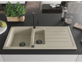 Mexen Andres, 1,5-komorový granitový drez 1000x500x200 mm a drezová batéria Flora, béžová, 6515-69-670401-70-B