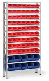 Regál s plastovými boxmi BASIC, 1730 x 850 x 300 mm, 63x box A, 10x box B