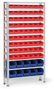 Regál s plastovými boxmi BASIC, 1730 x 850 x 300 mm, 63x box A, 10x box B