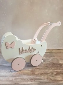 Drevený kočík pre bábiky s dekoráciou biela + ružová