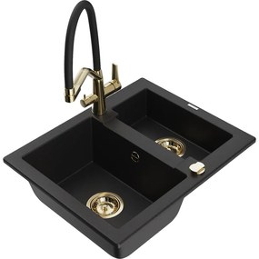 Mexen Carlos, 1,5-komorový granitový drez 582x475x177 mm a drezová batéria Duo, čierna, 6518-77-671701-57-G