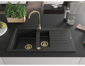 Mexen Matias - drez granitový 900x505x200 mm, 1,5-komorový, čierna so zlatým sifónom, 6502901505-77-G