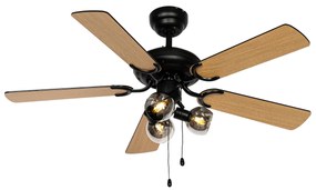 Stropný ventilátor čierny s drevenou potlačou 107,5 cm 3-svetlá s ťahovým spínačom - Mistral Vidro