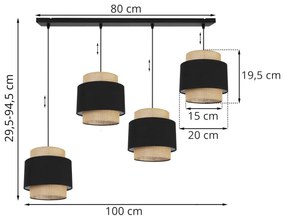 Závesné svietidlo Boho, 4x jutové/čierne textilné tienidlo