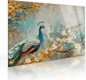Sklenený obraz - Páv so zlatým dekorom (70x50 cm)
