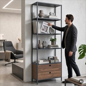 Regál so zásuvkami do kancelárie, na šanóny a dokumenty, otvorené police, kovový, antracitový/orech, 800x2200x400 mm: ARIEL Eco Design