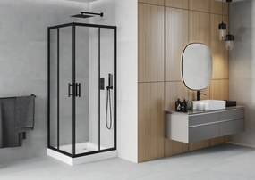 Mexen Rio, štvorcový sprchový kút 80 x 80 cm, 6mm číre sklo, čierny profil + biela sprchová vanička RIO, 860-080-080-70-00-4510