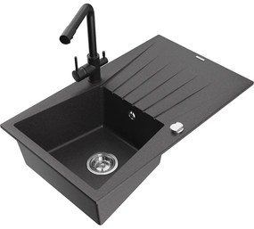 Mexen Cesar, granitový drez 775x470x190 mm, 1-komorový a čierna matná batéria Duero, čierna škvrnitá, 6514-76-671600-70