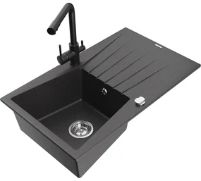 Mexen Cesar, granitový drez 775x470x190 mm, 1-komorový a čierna matná batéria Duero, čierna škvrnitá, 6514-76-671600-70