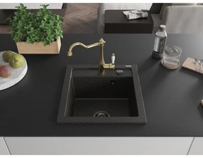 Mexen Vito, granitový drez 490x520x210 mm, 1-komorový a drezová batéria Carla, čierna-zlatá metalíza, 6503-75-670700-50-B