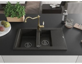 Mexen Gaspar, granitový drez 752x436x161 mm, 1,5-komorový a drezová batéria Carla, čierna-zlatá metalíza, 6507-75-670700-50-B
