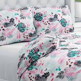 Biante Bavlnené posteľné obliečky Sandra SA-413 Ružové a zelené tropické listy na bielom Jednolôžko 140x200 a 70x90 cm