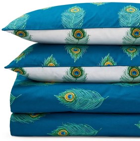 Biele/zelenomodré bavlnené obliečky na dvojlôžko/predĺžené 230x220 cm Peacock Feather – Their Nibs