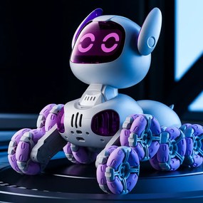 LEAN Toys Robotický pes TOOBY s diaľkovým ovládaním RC, 360°, svetlá, zvuky, bielo-fialový