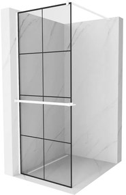 Mexen Kioto+, sprchová zástena Walk-In s poličkou a vešiakom 90 x 200 cm, 8mm číre sklo čierny vzor, biely profil, 800-090-121-20-77