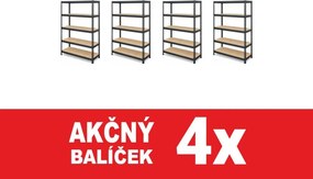 Akcia 4x Regál 183x75x40 cm lakovaný 5-policový, nosnosť 1000 kg, RIVET - čierny - 4ks