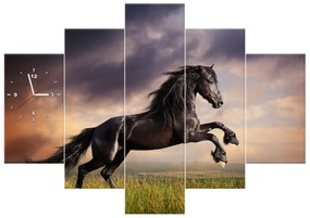 Gario Obraz s hodinami Silný čierny kôň - 5 dielny Rozmery: 150 x 70 cm
