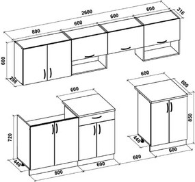 Kuchynská linka VIKI 260 cm - dub sonoma / biela lesklá