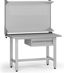 Výškovo nastaviteľný dielenský stôl G5 s nadstavbou, 1200 x 750 x 800-1000 mm, 1x kontajner, 1 zásuvka, sivá