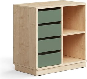 Úložná skrinka CASPER, 4 zásuvky, 2 priehradky, so soklom, breza/tmavozelená