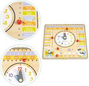 ECOTOYS Drevená edukačná tabuľa - kalendár a hodiny pre deti, dni a mesiace (poľské názvy)