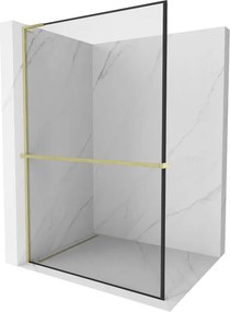 Mexen Kioto+ L, sprchová zástena Walk-In s poličkou a vešiakom 80 x 200 cm, 8mm číre sklo čierny vzor, zlatý matný profil, 800-080-123-55-70