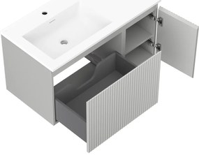Mexen Rivel, kúpeľňová skrinka 90 cm s umývadlom Otis vľavo, 1S, 1D, drážkovaná, sivá matná/biela matná - 91A23-09047-3-BBFF62-W18L01