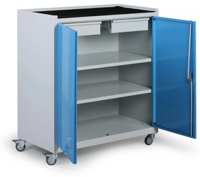 Dielenská pojazdná skrinka na náradie KOVONA, 2 police, 2 zásuvky, zváraná, 1000 x 500 x 1000 mm