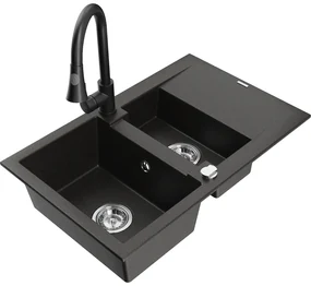 Mexen Gaspar, 1,5-komorový granitový drez 737x475x177 mm a drezová batéria Elia, čierna-zlatá metalíza, 6507-75-670101-70