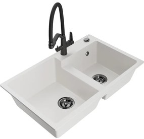 Mexen Tomas, 2-komorový granitový drez 800x500x190 mm a kuchynská batéria Duo, biela, 6516-20-671701-70-B
