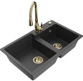 Mexen Tomas, granitový drez 800x500x190 mm, 2-komorový a drezová batéria Savita, čierna škvrnitá, 6516-76-672601-50