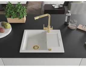 Mexen Enzo, granitový drez 576x465x174 mm, 1-komorový, zlatá lesklá batéria Duero, biela, 6506-20-671600-50