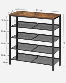 VASAGLE Regál na topánky 75 x 93 x 28 cm priemyselný čierny