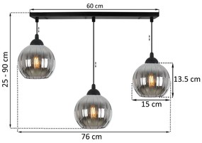 Závesné svietidlo Costa, 3x grafitové sklenené tienidlo, b