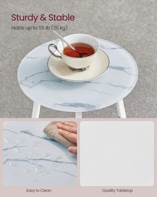 Okrúhly príručný stolík, so sklenenou doskou a poličkou z drevotriesky, mramorovo biely